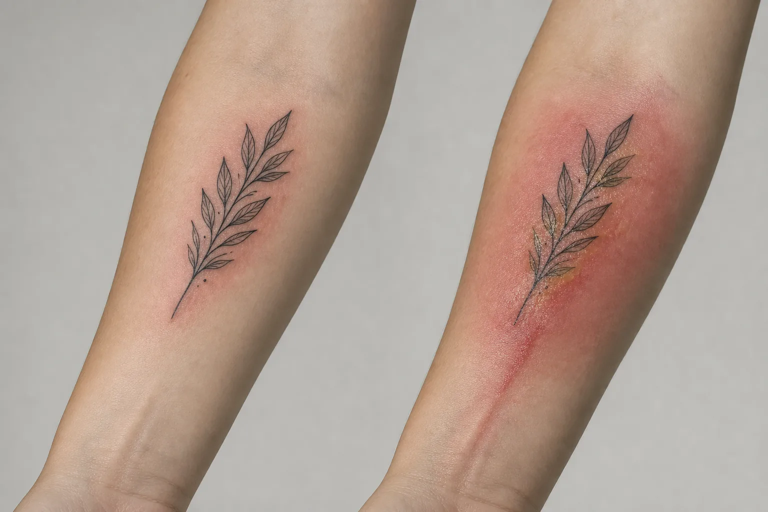 Comparație ilustrată între vindecarea normală și semnele unei posibile infecții la tatuaj